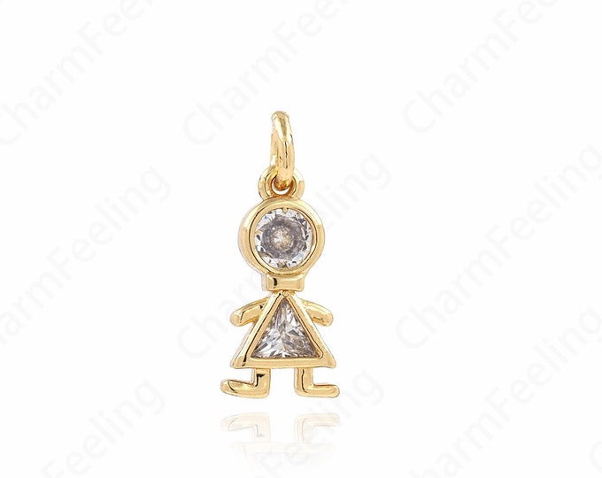 Girl Charm, Girl Pendant, Micropavé CZ Kids Charm, 18K Gold Filled Girl Necklace, DIY Jewelry Supplies, 18x7.5x3mm