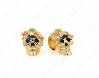 18K Gold Filled Dainty Beads, MicroPave CZ Skull Spacer Beads, Skull Charm, Knife Lanyard Beads,DIY Jewelry Making Accessories 10x9.5x9mm