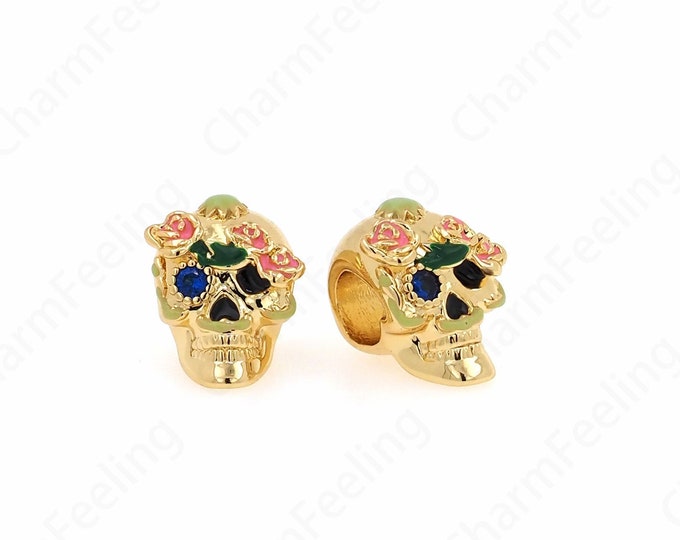 18K Gold Filled Dainty Beads, MicroPave CZ Skull Spacer Beads, Skull Charm, Knife Lanyard Beads,DIY Jewelry Making Accessories 10x9.5x9mm