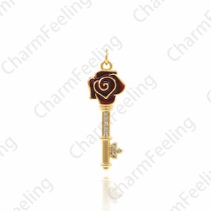 Rose Key Pendant, Enamel Rose Key, Enamel Charm, CZ Key Necklace, DIY Jewelry Making Accessories 29.4x9x3.6mm 1pcs