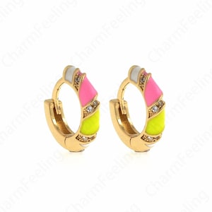 Dainty Enamel Earrings,18K Gold Filled Round Earrings, Micropavé CZ Pierced Earrings, Thick Earrings,DIY Jewelry Supplies,15x13x3mm