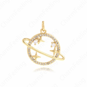 18K Gold Filled Petite Handmade Saturn Necklace,Micropavé CZ Planet Pendant,Space Bracelet,Exquisite Gift  21.5X22.5X3.5mm