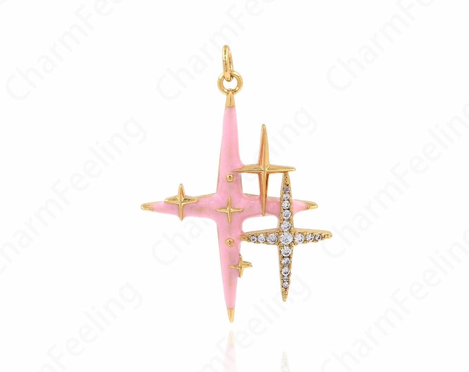 Micropavé CZ Polaris Pendant,18K Gold Filled Star Necklace,Polaris Charm,Enamel Polaris Charm,DIY Jewelry Accessories,38x26x3.3mm