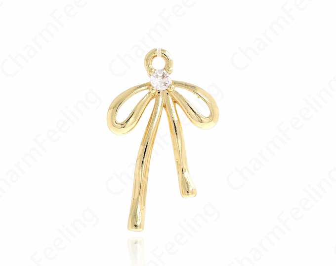 Gold Bow Necklace, Bow Pendant, Micropavé CZ Knot Charm, 18K Gold Filled Bow Charm, DIY Jewelry Supplies, 22.2x13.6x3.1mm