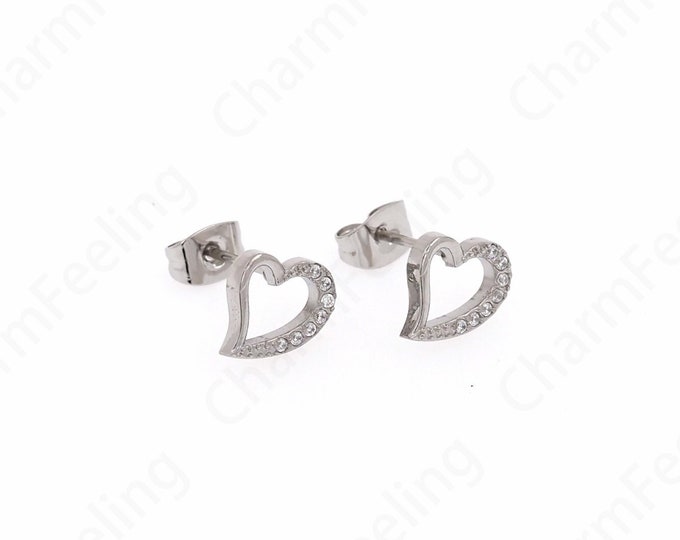 Heart Earrings, Stainless Steel Earrings,  Silver Filled Love Earrings, Micro pavé CZ Simple Earrings, DIY Jewelry Supplies, 8x8.7x1.7mm