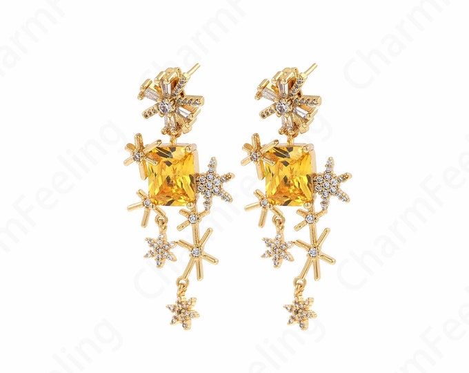 18K Gold Filled Round Earrings, Tassel Earrings, Dangle Earrings, Micropavé CZ Flower Earrings, DIY Jewelry Supplies, 18.5x48.6x27mm
