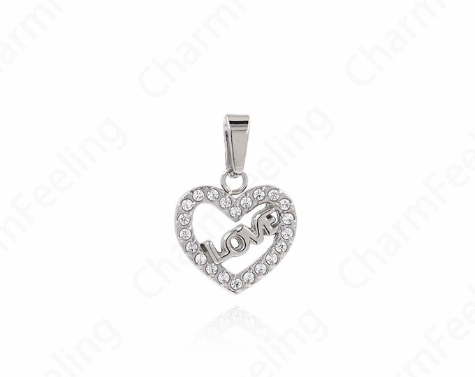 Silver Filled Heart Charm,Stainless Steel Heart Pendant,Love Charm,Micropavé CZ Letter Necklace, DIY Jewelry Supplies, 16x11x1.8mm