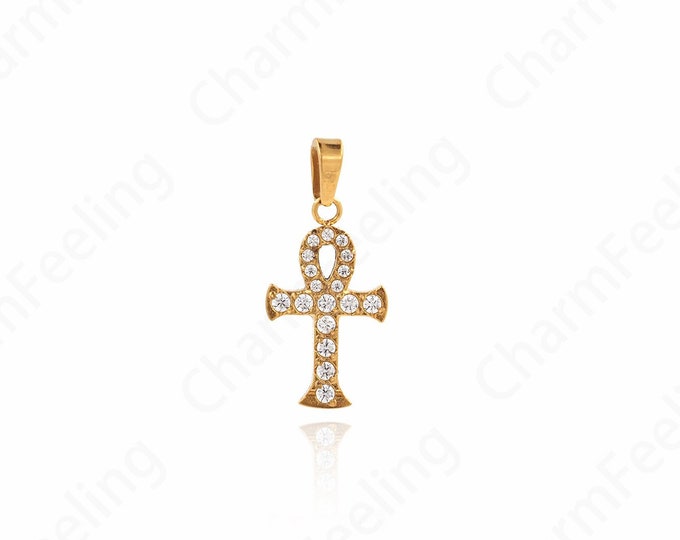 Christian Charm, Micropavé CZ Cross Pendant, Cross Necklace, Religious Charm,DIY Jewelry Making Accessories 22x10x2mm