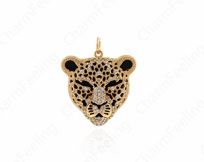 18K Gold Filled Leopard Head Necklace, Animal Necklace, Leopard Pendant, Leopard Charm, Animal Charm, DIY Jewelry Supplies, 31x27x6.5mm