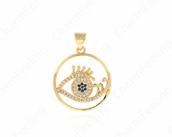 18K Gold Filled Eye Pendant,Dainty Eye Charm,Micropavé CZ Eye Coin Necklace,DIY Jewelry Making Accessories 26.5x20x4mm