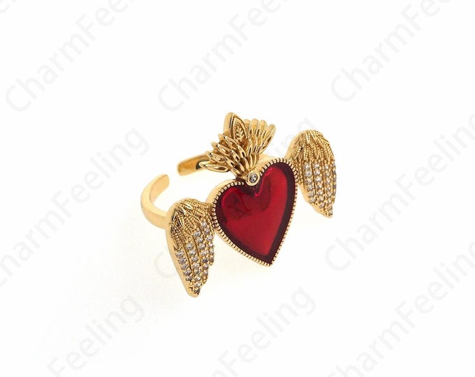 18K Gold Filled Enamel Love Heart Ring,Wing Heart Jewelry, Enamel Heart-Shaped Ring,Enamel Jewelry, Gold Open Ring, Adjustable Ring