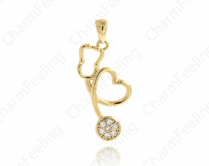Stethoscope Pendant, 18K Gold Filled Stethoscope Charm, Micro Pave CZ Doctor Necklace, DIY Jewelry Supplies, 29x12.5x2.3mm