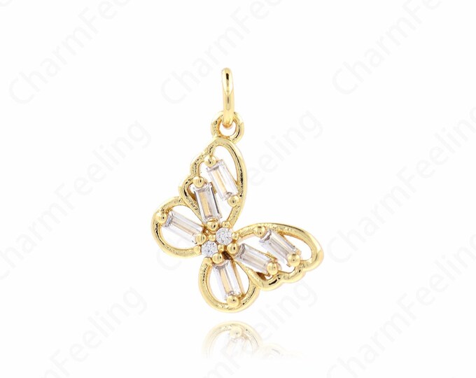 18K Filled Gold Butterfly Pendant, MicroPave CZ Butterfly, Butterfly Charm, Animal Charm, Necklace Earring Component Supplies 10.4x14.7x3mm