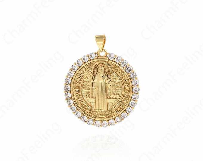 Gold Round Charm, 18K Gold Filled Jesus Charm, Religious Pendant, Micro Pave CZ Religious Charm, DIY Jewelry Making Supplies,33.6x27.7x2.4mm