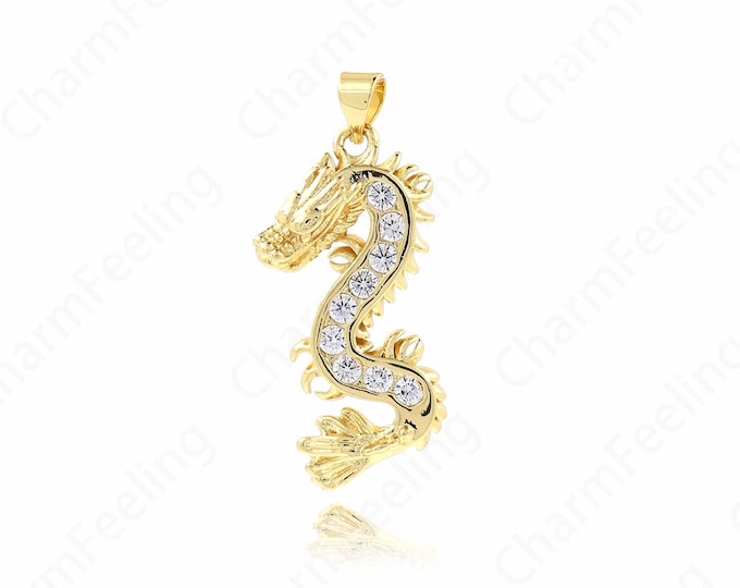 MicroPave CZ Dragon Pendant, Cubic Dragon Charm, 18K Gold Filled Dragon Jewelry, DIY Jewelry Making Accessories 36x16x3mm