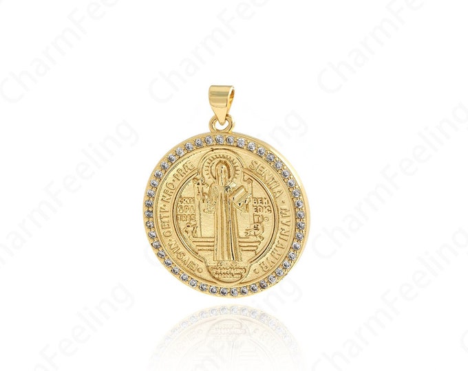 Micropavé CZ Christian Charm, Jesus Pendant, 18K Gold Filled Round Charm, Religious Charm, DIY Jewelry Supplies,34.5x27x2.5mm