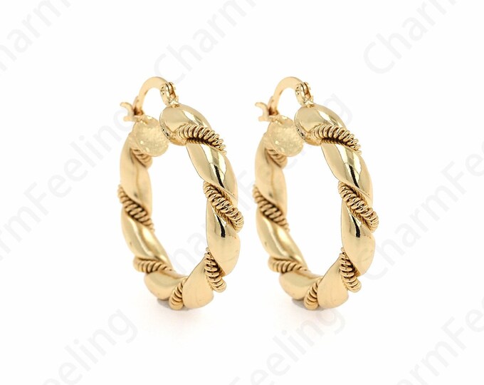 Twist Earrings, Earring Charm, Micropave CZ Round Earrings, Hollow Earrings, 18K Gold Filled Round Twist Earrings, 35x30.5x5mm