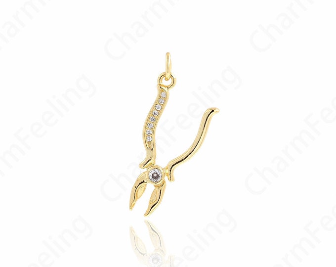 Pincer Jewelry,18k Gold Filled Tool Pendant,Micro Pavé CZ Pincer Charm Earrings Necklace,DIY Jewelry Making Supply,28x12.5x2.5mm