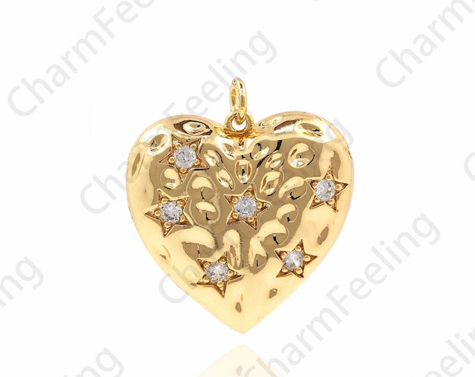 Big Heart Pendant, 3D Heart Necklace,Filled Gold Heart Charm, Micro Pave Heart Charm 28.5x25x4.5mm 1pcs