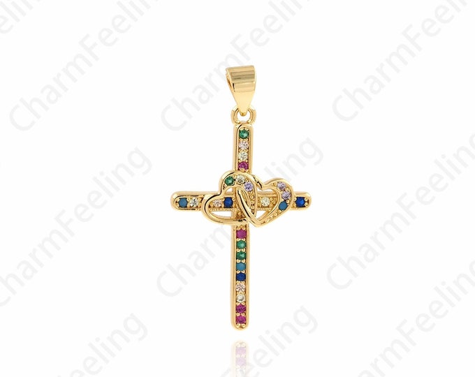 Heart Cross Pendant, Micropavé CZ Religious Charm, 18K Gold Filled Heart Necklace, Heart Pendant, DIY Jewelry Supplies, 33.3x17.4x2.5mm