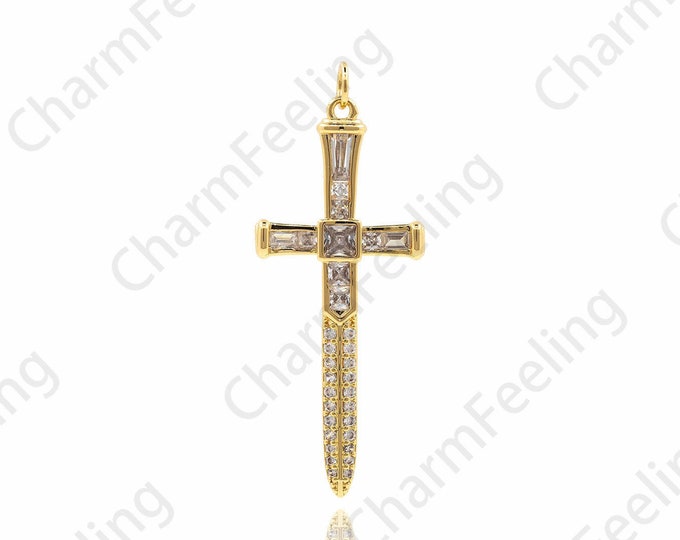 Knight Sword Pendant, Micro Pavé Sword Necklace, Weapon Charm, CZ Weapon Pendant, DIY Jewelry Making Accessories 46.2×18×2.6mm 1pcs