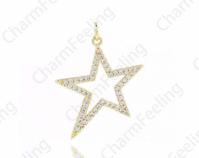 Hollow Star Charm, Micropavé CZ Five-pointed Star Necklace, Star Pendant, 18K Gold Filled Star Pendant, DIY Jewelry Components 30x25x1.5mm