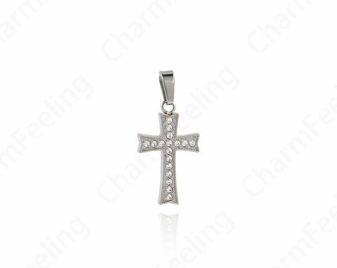 Silver Cross Pendant,  Silver Filled Dainty Cross Necklace,Micropavé CZ Stainless Steel Religious Charm,DIY Jewelry Supplies 22x10x2mm