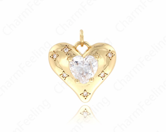 18K Gold Filled Heart Jewelry, Gold Heart Pendant, MicroPave CZ Heart Necklace,Heart Pendant, DIY Jewelry Making Accessories 20.5x19.5x8mm