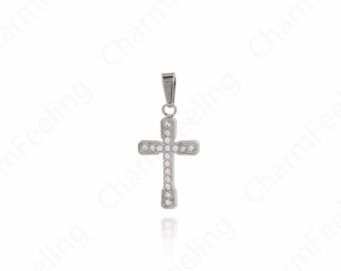 Stainless Steel Religious Charm, Silver Filled Dainty Cross Necklace,Micropavé CZ Cross Pendant, DIY Jewelry Supplies 22x10x1.8mm