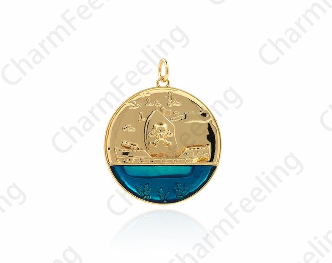 Enamel Nautical Pendant, 18K Gold Filled Pirate Ship Necklace, Round Pirate Ship Pendant, Enamel Charm, Pirate Ship Charm, 30x25x2.5mm