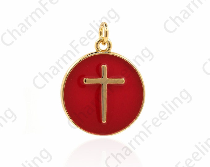 18K Gold Filled Round Cross Pendant,Religious Pendant,Religious Charm,Enamel Cross Necklace,Enamel Charm,DIY Jewelry Accessories 20x15x1.9mm