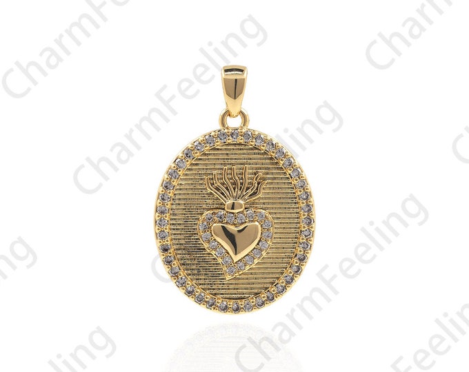 Oval Heart Pendant, Micropavé CZ Heart Pendant, Heart Embossed Pendant, Heart Charm, DIY Jewelry Making Accessories 27x17.5x2.7mm