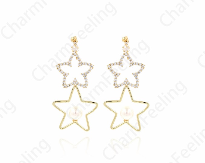 1 pair,Boho Starburst Earrings, Star Line Earrings, 18K Gold Filled Star Hollow Earrings,Pearl Earrings, DIY Jewelry Accessories 32x70x9.5mm