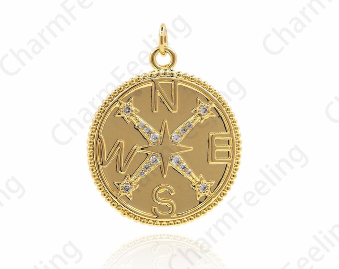 18K Gold Filled Round Necklace Round Pendant Disc Necklace Compass Pendant Compass Necklace Bracelet Personalized Jewelry 32x24.5x2mm