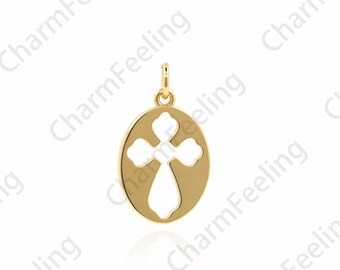 18K Gold Filled Oval Pendant, Cross Charm, Hollow Cross Necklace, Religious Charm, Christian Charm, DIY Jewelry Accessories, 20x11.5x1mm