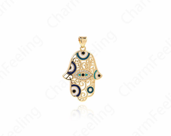 Hand Charm, Micropavé Palm Eye Gold Pendant, Enamel Charm,Eye Charm, Lucky Eye Pendant, DIY Jewelry Accessories, 34.5x21x2.2mm