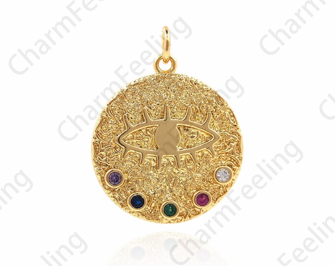 18K Gold Filled Eye Necklace, Micropavé CZ Round Magic Eye Pendant, Lucky Eye Charm, Round Pendant, Coin Charm 26x20x2.5mm