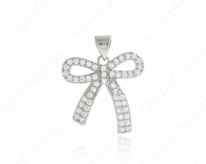 Silver Filled Bow Charm, Bow Necklace, Bow Pendant, Micropavé CZ Knot Charm, DIY Jewelry Supplies, 24.7x20.1x2.5mm