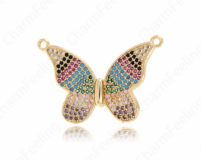 18K Filled Gold Butterfly Pendant, Micro-Pave Butterfly, Butterfly Charm, Animal Charm, Necklace Earring Component Supplies 32.4x20.3x3mm