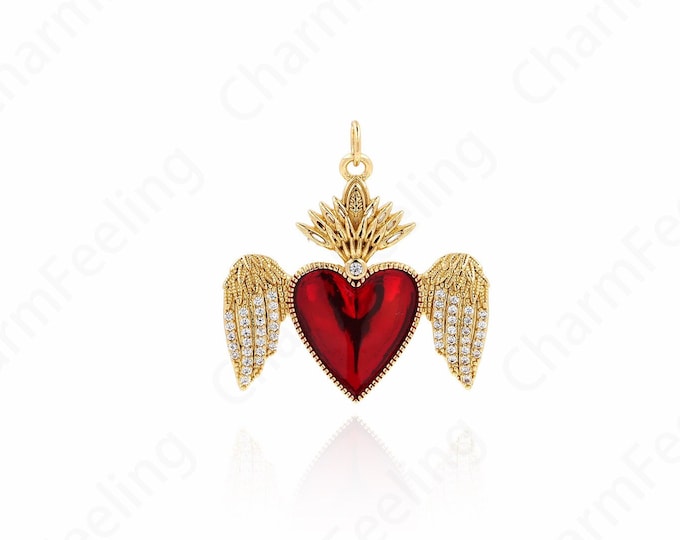 Wings Heart Pendant, MicroPave CZ Heart Necklace, Heart-Shaped Charm, DIY Jewelry Making Supplies 30x29x2.7mm