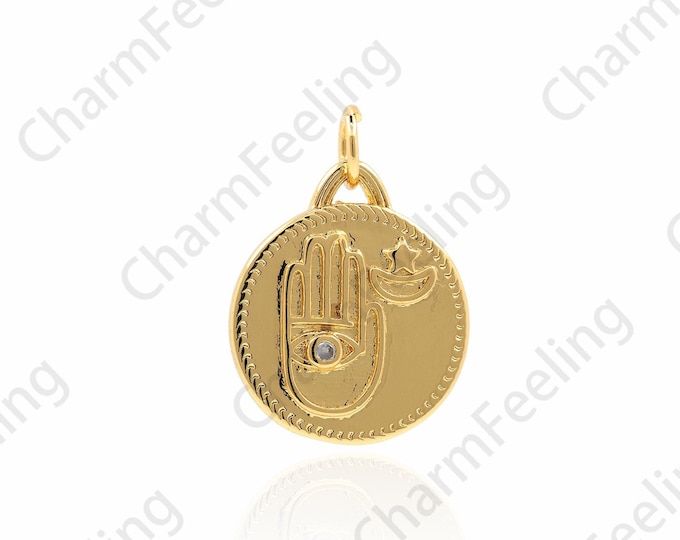 18K Gold Filled Hamsa Pendant, Micropavé CZ Hamsa Necklace, Round Coin Pendant,Eye Charm, DIY Jewelry Accessories, 24.5x17.5x2.5mm