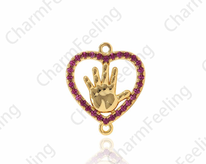 Micro-Pave Heart Connector, Palm Connector, Bracelet Charm, Heart Pendant, Palm Pendant, Heart Charm, Palm Charm 14x16x2mm 1pcs