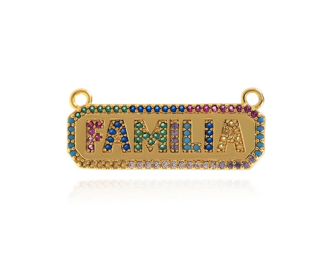 Familia Pendant, Micropavé CZ Square Necklace, 18K Gold Filled Rectangle Pendant, Letter Charm, DIY Jewelry Supplies, 11x26.5x1.7mm