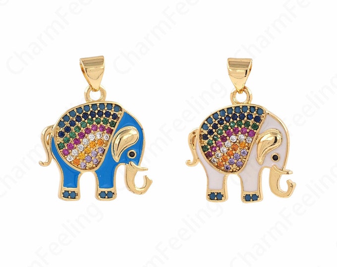 Enamel Elephant Pendant, Micropavé CZ Elephant Pendant, 18K Gold Filled Elephant Necklace, Elephant Charm, Enamel Charm, 24x19x2mm