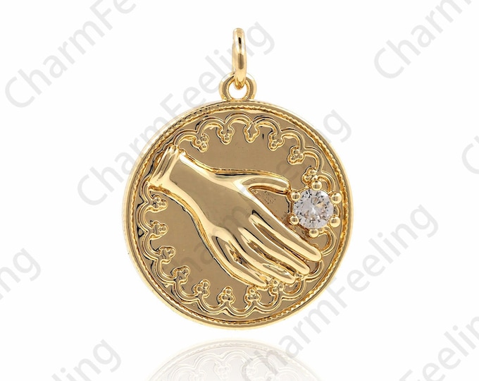 18K Gold Filled Hand Coin Pendant, Hand Coin Necklace, Round Hand Pendant, DIY Jewelry Accessories 26x20x3mm
