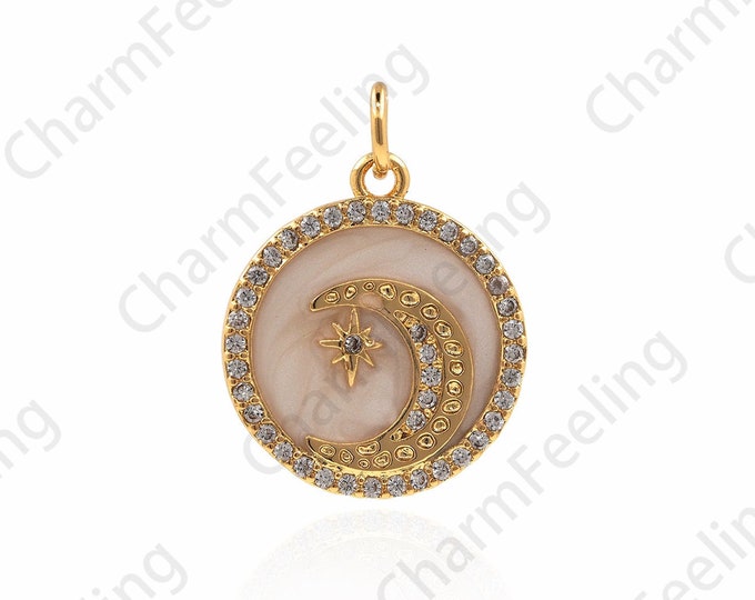 18K Gold Filled Round Necklace,Micropavé CZ Wave Pendant,Round Ocean Charm,Wave Pendant,Nautical Charm,DIY Jewelry Accessories 21.5x16x1.8mm