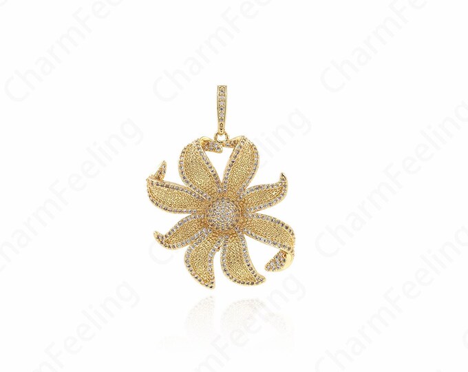 Gold Flower Charm, 18K Gold Filled Five-Petal Flower Pendant, Flower Charm, Bracelet Necklace Making Findings 49x34.5x6mm