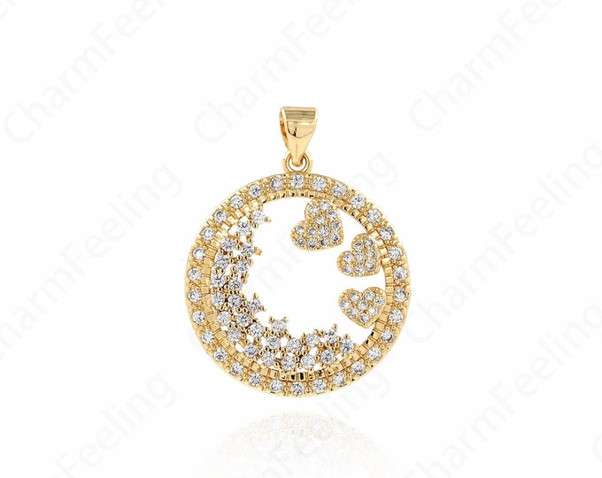 Heart Necklace, Round Charm, Micropavé CZ Round Pendant, 18K Gold Filled Heart Charm, Love Necklace, DIY Jewelry Supplies, 30x23.5x4mm