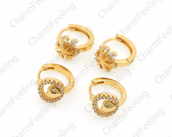 1 Pair,18K Gold Filled Heart Earrings, Snowflake Earrings, Love Earrings, Micropavé CZ Heart Earrings, Snowflake Charm, 12x9x14mm