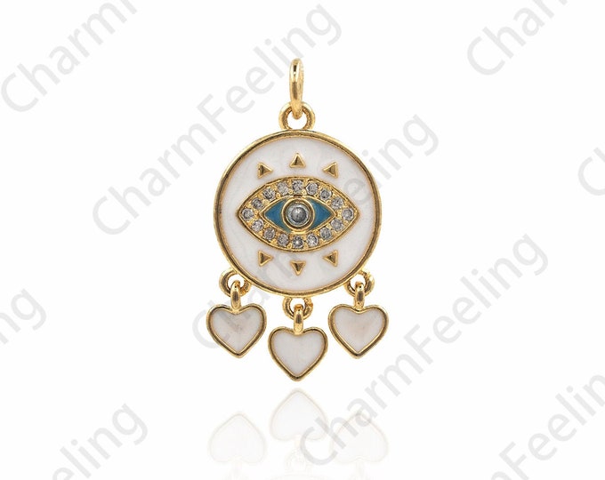 18K Gold Filled Round White Enamel Necklace,Micropavé CZ Eye Pendant,Magic Eye Charm,Lucky Eye Charm 26.5x14x2.5mm
